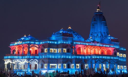 Prem Mandir at Night, Vrindavan, Uttar Pradesh, India, Asia