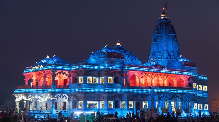 Prem Mandir at Night, Vrindavan, Uttar Pradesh, India, Asia